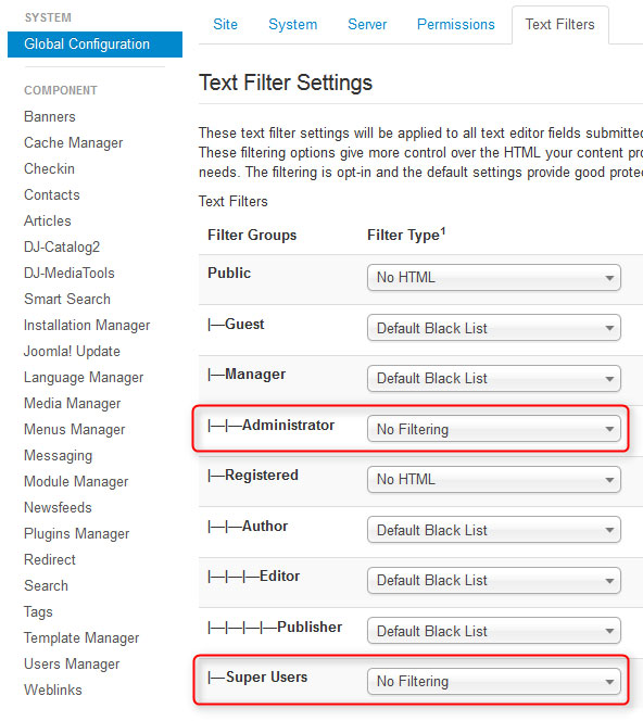 Text Filter settings Joomla 3