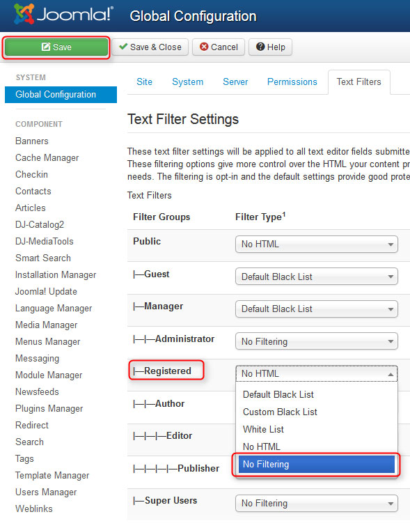 Text Filter Settings Joomla 3