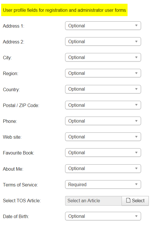 user profile fields for registration and administrator user form