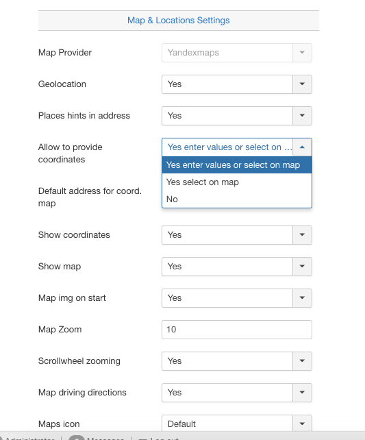 map and location settings yandex plugin