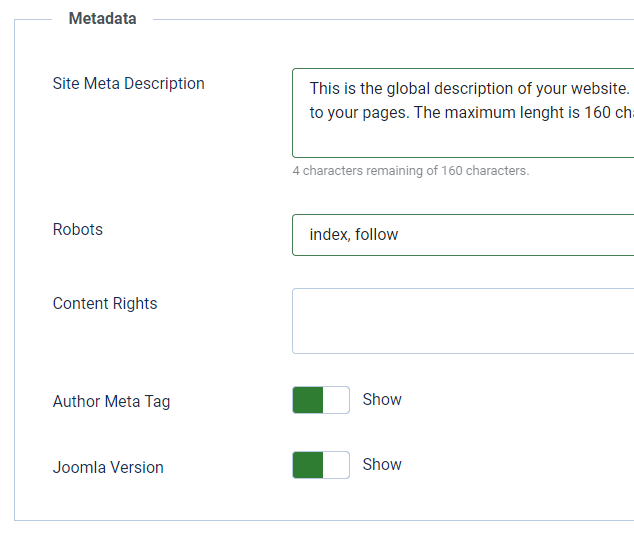 metadata parameters in Joomla SEO settings